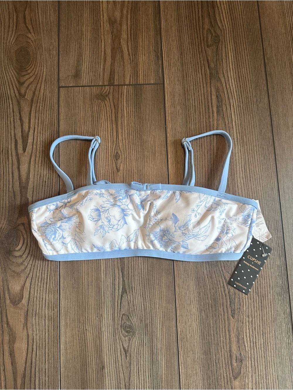 CUPSHE Sweet Life Floral Bikini Top | Blue & White Tie-Back Swim Top - Picture 6 of 10